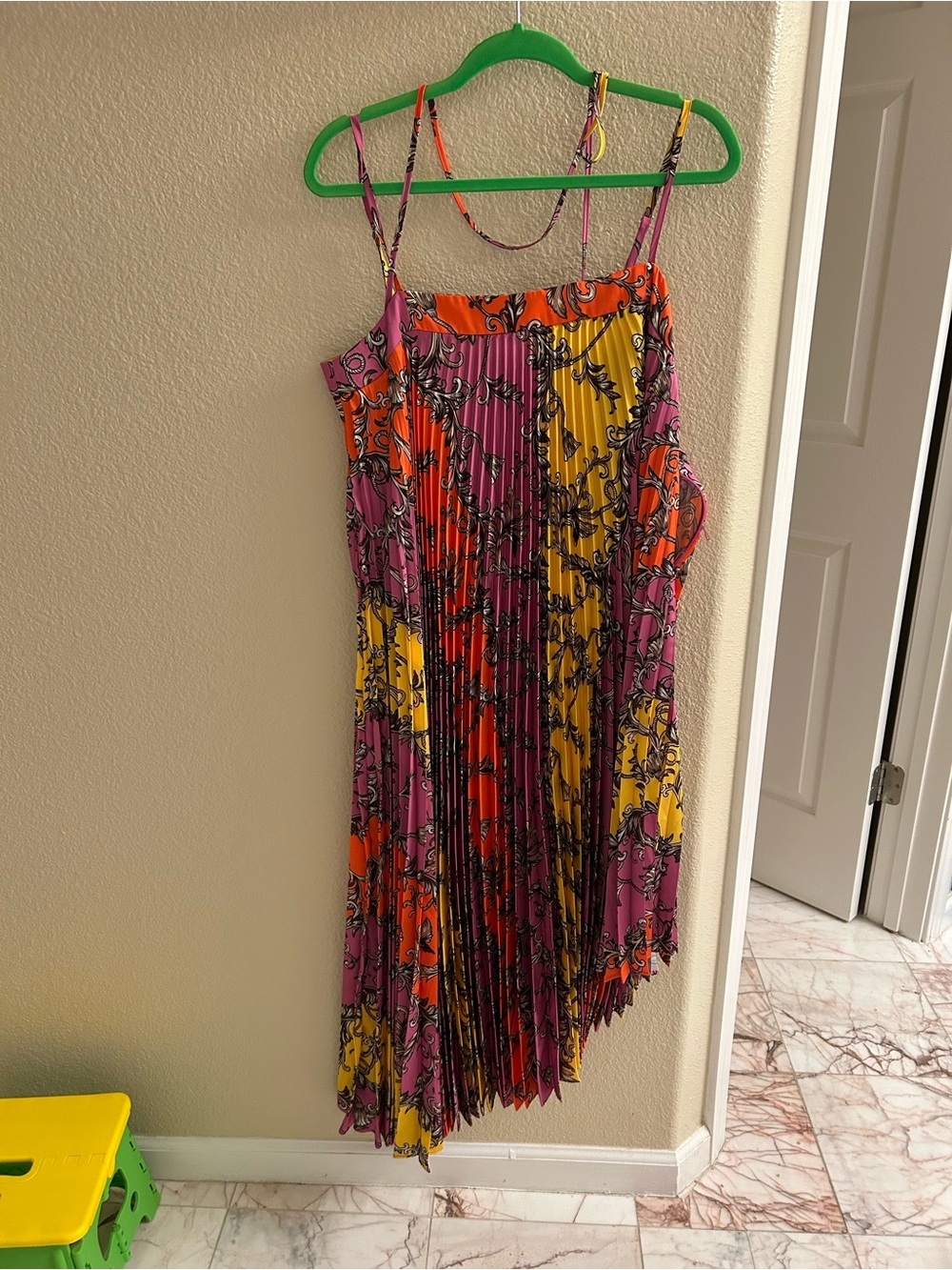 Milly Multicolor Pleated Asymmetrical Slip Dress in Pink, Orange & Yellow